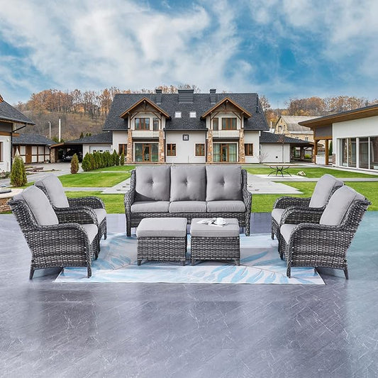 Rilyson Wicker Patio Furniture Set - 7 Piece Rattan Outdoor Sectional Conversation Sets with 1 Sofa,4 Armrest Chairs and 2 Ottomans for Porch Deck Garden(Mixed Grey/Grey)