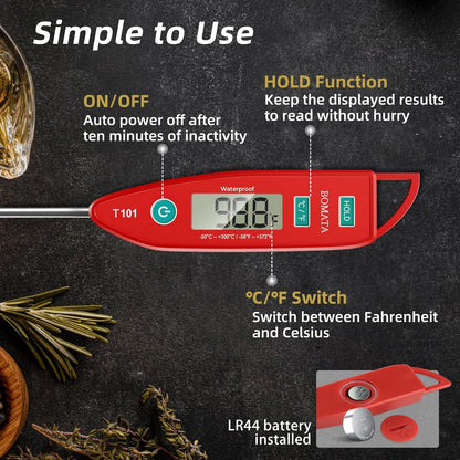 BOMATA Waterproof IPX7 Thermometer for Water, Liquid, Candle and Cooking. Instant Read Food Thermometer with Long Probe for Cooking, Meat, BBQ! T101 (Red Color)………