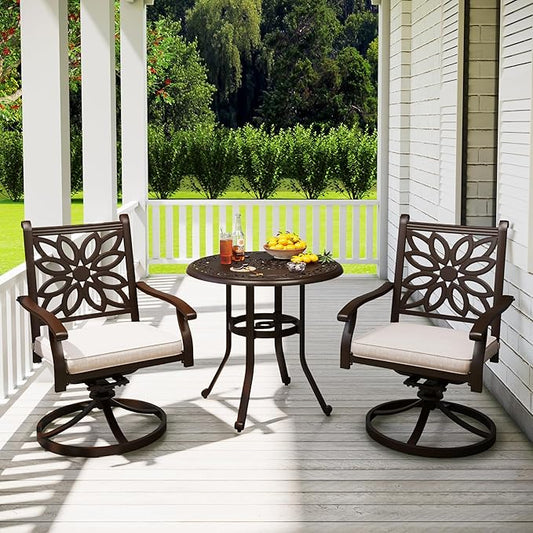 PHI VILLA 3 Pcs Cast Aluminum Patio Bistro Set, 2 Extra Wide Swivel Chairs with Cushion & 1 Round Bistro Dining Table with Umbrella Hole