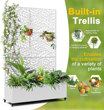 FENCY Metal Raised Garden Bed with Wheels and Trellis,73"x47"x16" Planter Box for Climbing Plants, Vegetables & Vines, Features Privacy Screen and Drainage Holes (White-Leaf)