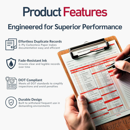 100 Pack 3-Ply Carbonless Annual Vehicle Inspection Report Forms with FMCSA Red Aluminum Adhesive Labels, DOT Inspection Forms and Stickers, Shrink-Wrapped, 8.5" x 11.75" - Made in USA