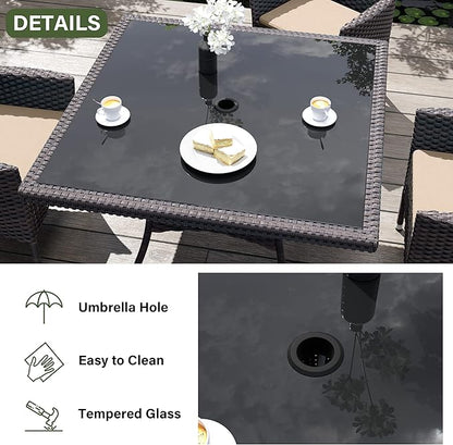 Kurapika 10-Piece Patio Furniture Outdoor Dining Set, Wicker Rattan Patio Dining Table and Chairs Set, Square Tempered Glass Tabletop and 8 Chair Set, Sand