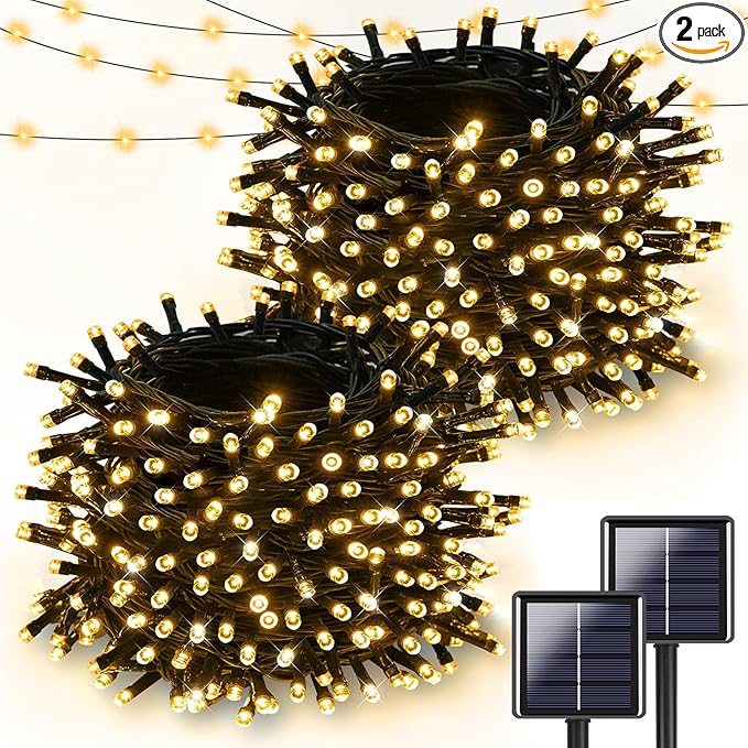2 Pack Super Long Solar Christmas Lights Outdoor Waterproof, 400 LED 144FT Solar String Lights with Green Wire 8 Lighting Modes, Mini Led Twinkle Light for Xmas Tree Fence Yard Party Decor, Warm White