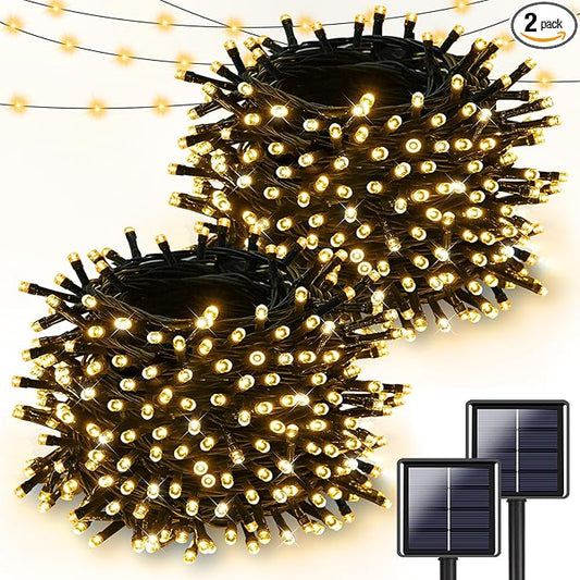2 Pack Super Long Solar Christmas Lights Outdoor Waterproof, 400 LED 144FT Solar String Lights with Green Wire 8 Lighting Modes, Mini Led Twinkle Light for Xmas Tree Fence Yard Party Decor, Warm White