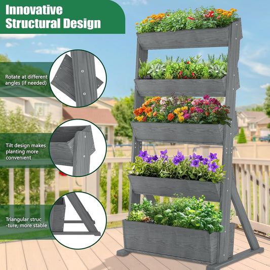 SUNYRISY 5 Tiers Vertical Raised Garden Bed Outdoor Planter Tower, Wooden Freestanding Planter Box for Planting Herbs Flowers Vegetables Backyard Patio Balcony Indoor Outdoor Gardening, Grey