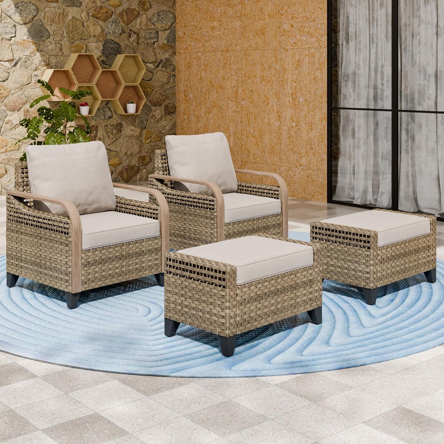 EAGLE PEAK Modern Wicker Outdoor Chair, Patio Chair Curved Armrest, Rattan Patio Furniture for Yard Deck Porch Garden, 2 Chairs 2 Ottomans, 4 Pieces, Brown/Gray