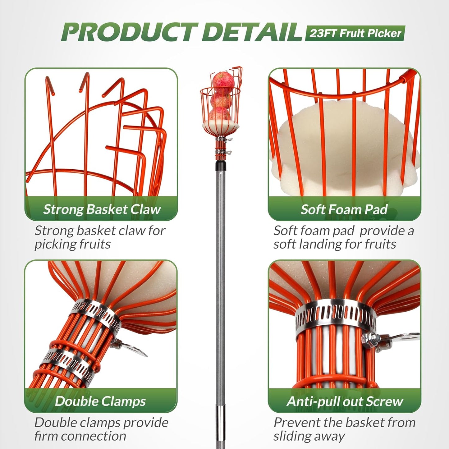 Walensee 23FT Fruit Picker, Adjustable Fruits Picker Tool with Fiberglass Pole, Big Basket and Storage Bag, Fruit Catcher Equipment Tree Picker for Lemons Apples Mango Orange Avocados Fruit Picking