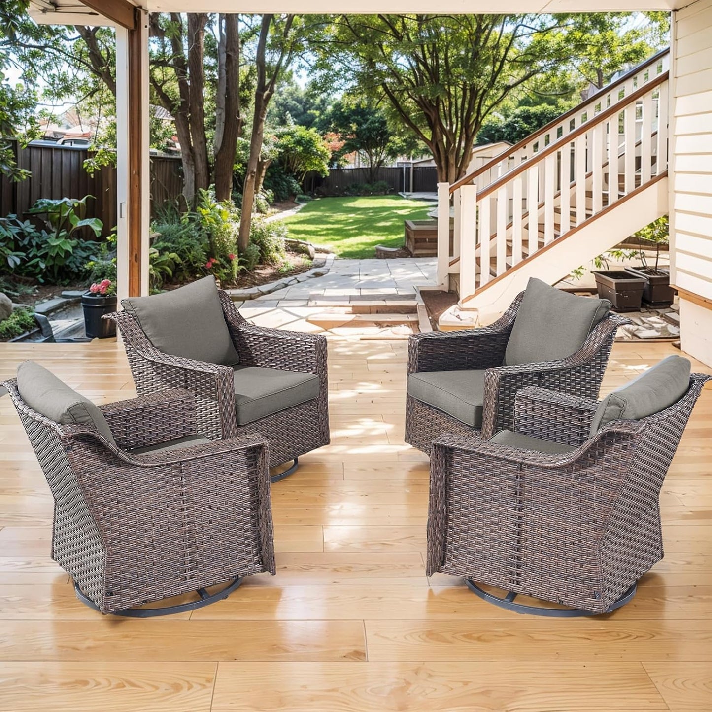 Outdoor Patio Wicker Swivel Chairs - Set of 4 Outside Rattan Rocker Glider Chair Rocking Armchairs for Front Porch Balcony Backyard Yard Deck Poolside Apartment – Brown/Grey