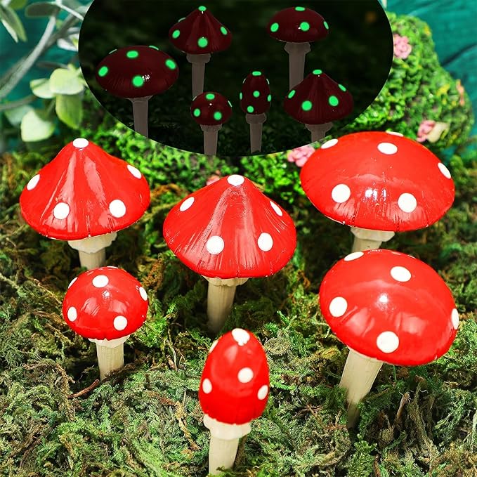 Juegoal Set of 6 Fairy Garden Miniature Mushrooms Statues, Glow in Dark Mini Red Mushroom Resin Figurines, Outdoor Garden Yard Art Accessories, Fly Agarics Sculpture Lawn Ornament Decorations