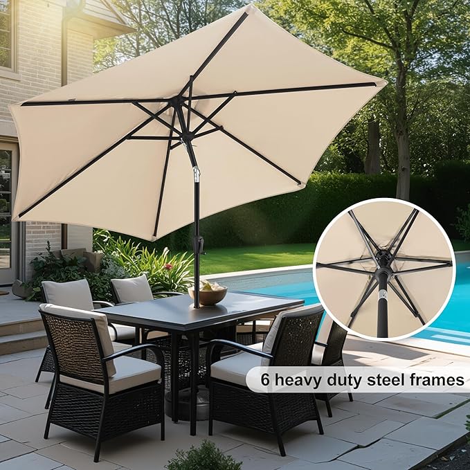 FLAME&SHADE 10ft Patio Umbrella - Outdoor Umbrella with 6 Sturdy Ribs, Push Button Tilt and Crank, UV Protection Table Market Umbrella for Pool, Porch，Garden, Deck, Backyard (Beige)
