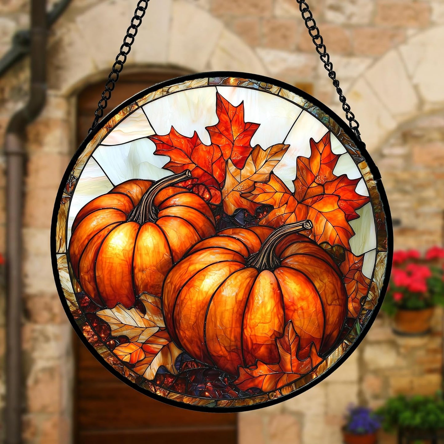 Stained Glass Window Hanging, Pumpkin Maple Leaf Suncatcher for Doors Home Sun Catchers Decoration and Christmas, Mother's Day Birthday Gifts for Women, Men, and Mom 7.8 in