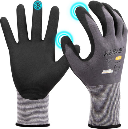Kebada W2 Safety Work Gloves, Micro-Foam Nitrile Coated Gloves, Touchscreen,Ideal for Package Handling, Gardening, Construction, 1 Pair X-Small