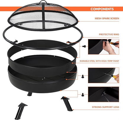 SUNCREAT 42" Outdoor Portable Fire Pit with Spark Screen, Fire Poker, Wood Burning Patio Fire Pits with Protective Ring, Black