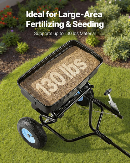 VEVOR Tow Behind Broadcast Spreader, 130LBS Capacity, Tow-Behind Lawn Spreader with 13 in Tires, 30 Adjustable Setting & 9.8 ft Spreading Width, Lawn Spreaders for Seed, Fertilizer, Salt, Ice Melt
