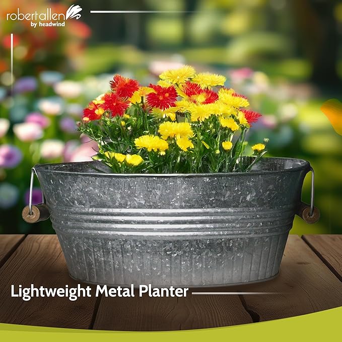 Headwind Vintage Collection 14-Inch Oval Galvanized Tub with Handles – Metal Wash Basin Planter - Galvanized Metal Tub for Indoor & Outdoor Use by Robert Allen