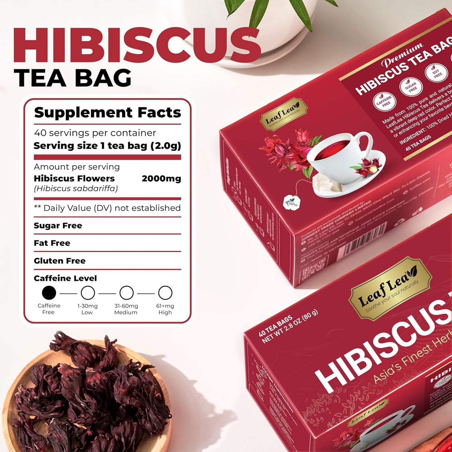 LeafLea 120 Hibiscus Tea Bags, 100% Pure Natural Hibiscus Flowers Herbal Tea, Natural Red Hibiscus Flower Tea, Te de Hibisco, Caffeine-Free, No Sugar, Vegan, Non-GMO, Rich in Flavor & Color, Pack of 3