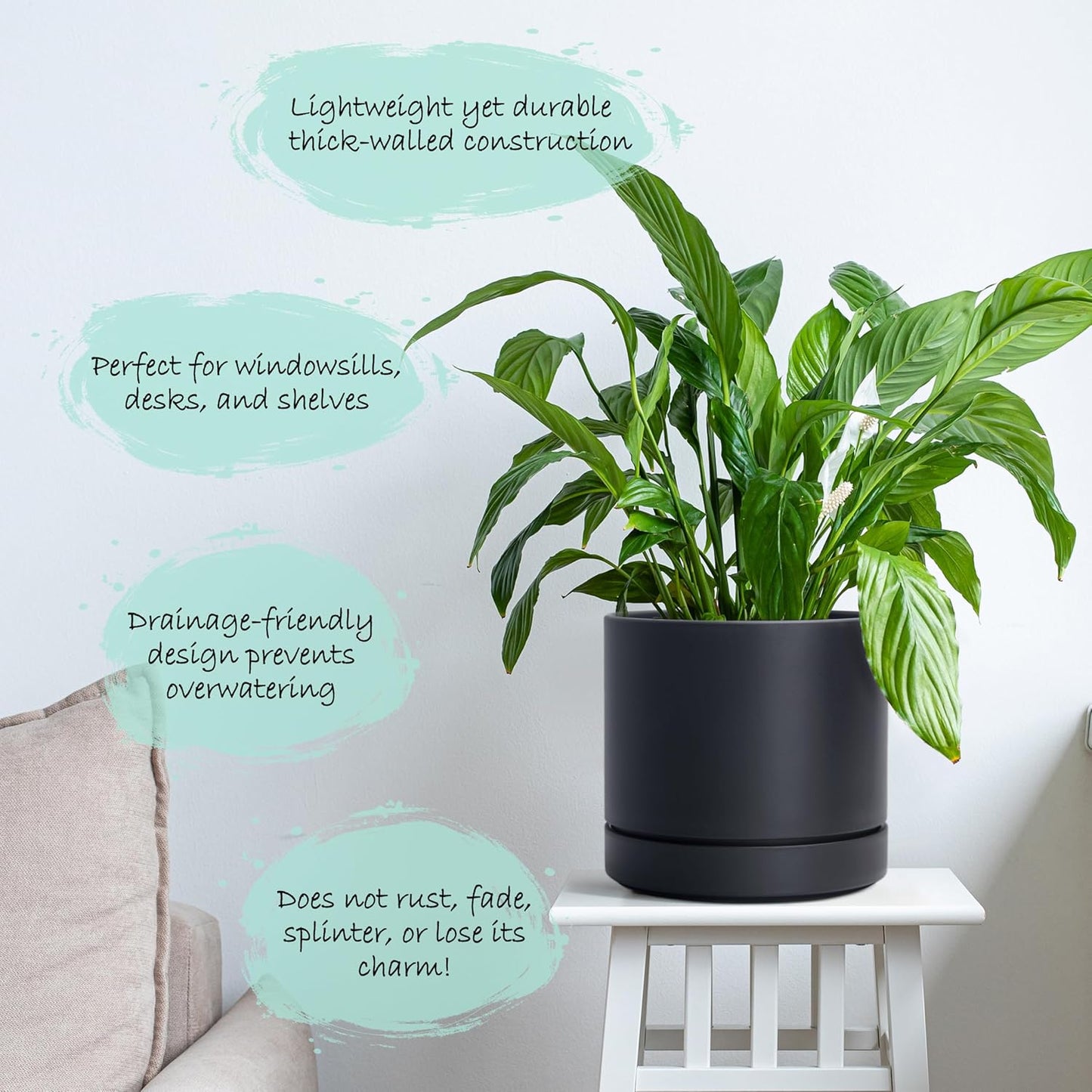 Phoenix Vine 6 Inch Planter Pot with Drainage Hole & Saucer, Deep Water Catch Tray, Straight Cylindrical Round Pot for Plants, Matte Black, Pack of 2, 23-C-S-2