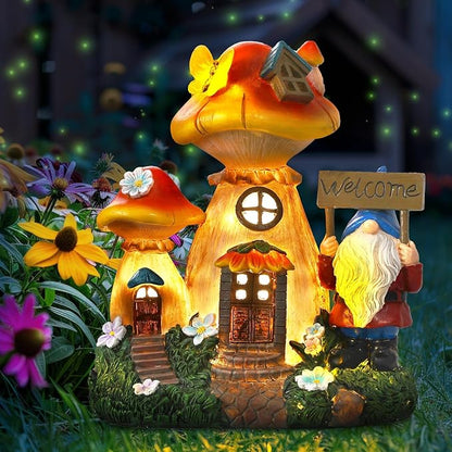 Json Solar Garden Statue Lights Mushroom Fairy House Figurine, Outdoor Memorial Garden Ornaments Waterproof Decoration for Outside Patio Yard Lawn Decor