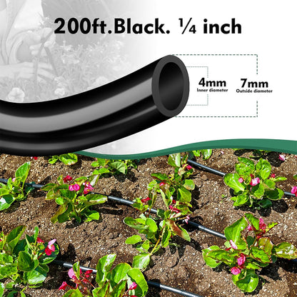200FT 1/4 inch Drip Irrigation Tubing Blank Distribution Garden Watering Tube Line for Drip Irrigation Parts and Drip Systems, Black