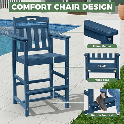 HDPE Outdoor Patio Tall Adirondack Bar Chairs Set of 2, All-Weather Bar Height Balcony Adirondack Stools for Bistro, Garden, Backyard, Pool, Deck | Navy Blue