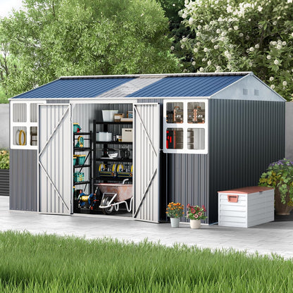 12x10 FT Metal Sheds & Outdoor Storage: Heavy Duty Garden Sheds with Dual Transparent Panels, 2x4-Pane Windows & Hinged Double Doors, Weatherproof Tool Shed for Backyard, Garden, Patio, Grey/White