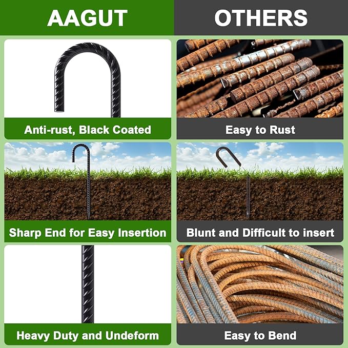 AAGUT Rebar Stakes 16 Inch J Hook Heavy Duty 8 Pack, 3/8 Inch Black Coated Metal Steel Ground Anchors Chain Link Fence Stakes for Camping Tent, Inflatables, Yard Decorations, Canopies & Swing Sets