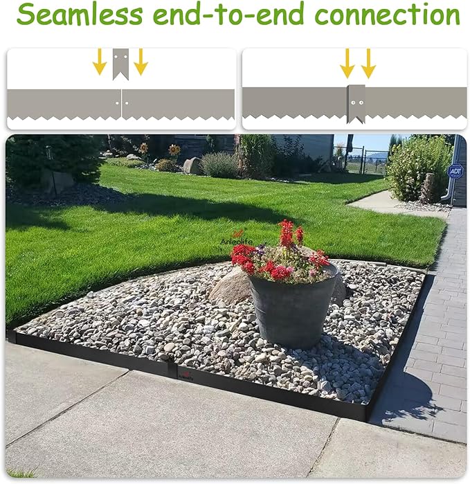 A ANLEOLIFE 12 Pack 40" LX 6"H Galvanized Steel Garden Landscape Edging for Straight & Mild Curved Lines, Hammer-in Metal Lawn Border with Gloves and 10 Stakes (40FT Total) (6 inch tall, 12pcs, Black)