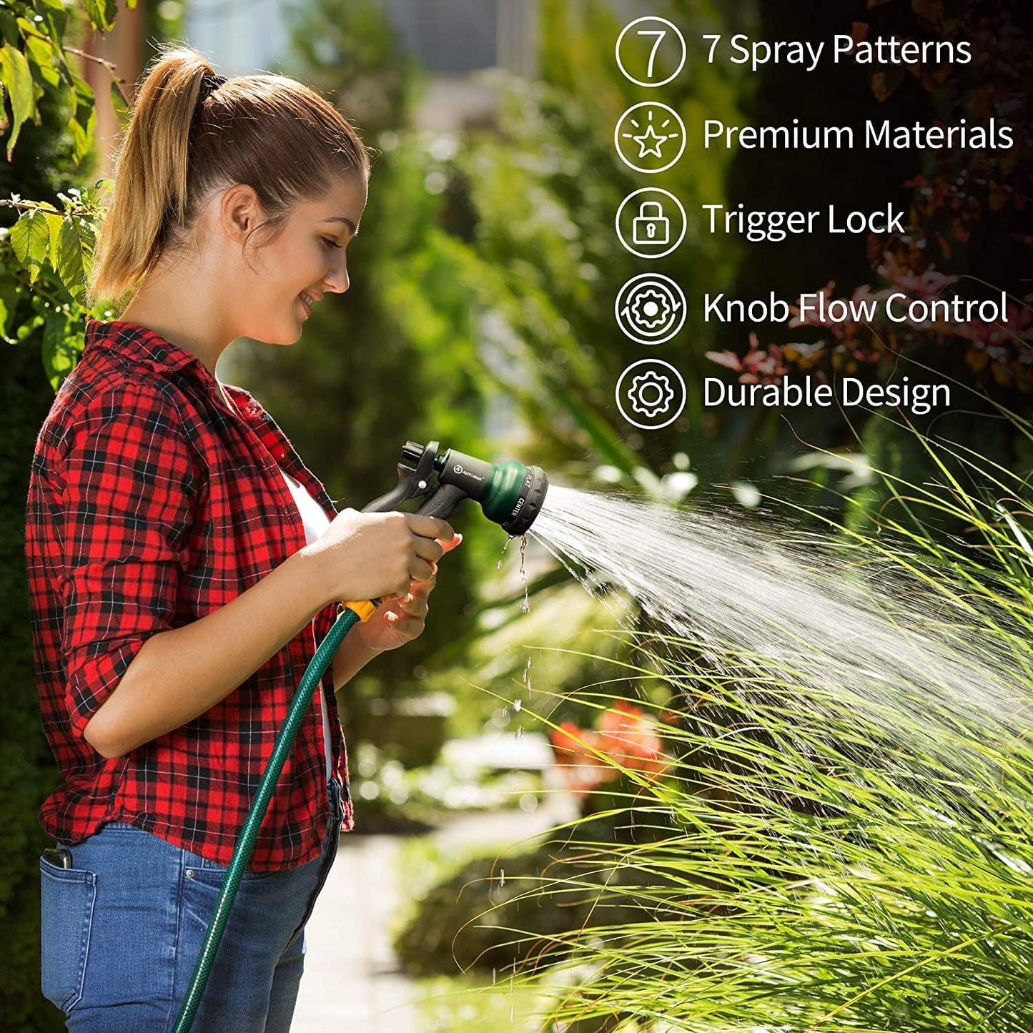 AUTOMAN Garden Hose Nozzle 2PK, ABS Water Spray Nozzle with 7 Adjustable Patterns, Slip Resistant for Watering Plants, Lawn, Garden, Washing Cars, Cleaning, Showering Pets & Outdoor Fun
