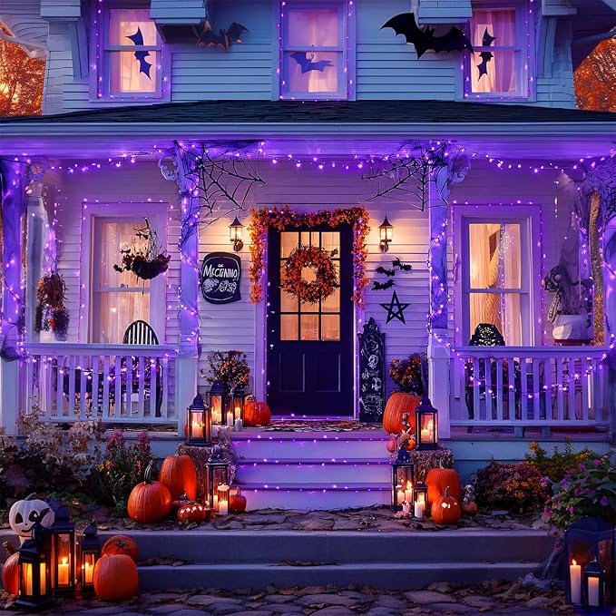 JMEXSUSS 2 Pack Purple Solar Halloween Lights, Total 400 LED 151FT Purple Halloween Lights Outdoor Waterproof, 8 Modes Solar Christmas Light for Outside Patio Yard Tree Decorations