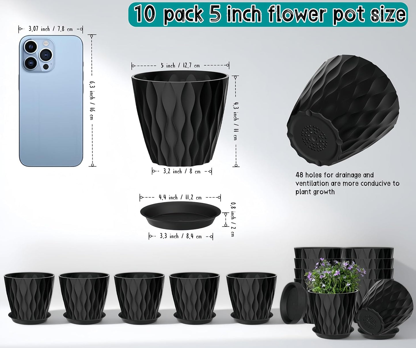 10 Pack 5 Inch Plant Pots with Drainage and Saucers, Black Plastic Flower Pots for Indoor and Outdoor Plants, Stackable Nursery Planters for Houseplants and Herbs, Black