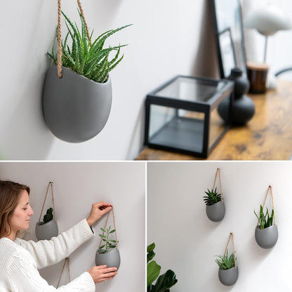 Kazai. Wall Planters -Ellie- | Hanging Ceramic Plant Pots 3 Pieces | Wall Decoration for Indoors, Balcony and Garden | Grey (Matte)