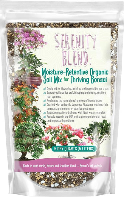 Serenity Blend Bonsai Soil Mix – Moisture-Retentive & Organic for Flowering, Fruiting, and Tropical Bonsai Trees – Handcrafted in The USA with Akadama & Compost (2 quarts)
