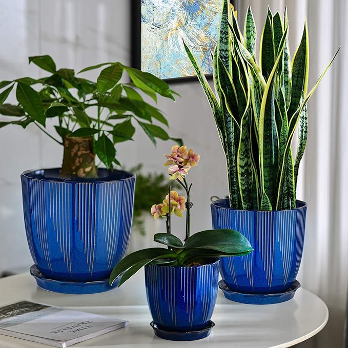 ADN 10 Inch Ceramic Planter Pot with Drainage Hole and Saucer,Large Round Plant pots for Indoor Outdoor Plants,Modern Flower pots, Navy