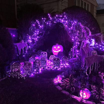 JMEXSUSS 4 Pack Purple Solar String Lights Outdoor Waterproof, 100 LED 33ft Purple Solar Fairy Lights, 8 Modes Copper Wire Christmas Light for Halloween Christmas Garden Yard Tree Decor