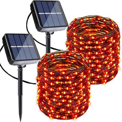 Joomer Orange Halloween Solar String Lights - 2 Pack Total 80FT 240LED Solar Fairy Lights, Waterproof Outdoor Twinkle Lights with 8 Modes for Garden, Porch, Trees, Halloween Decor (Black Wire)