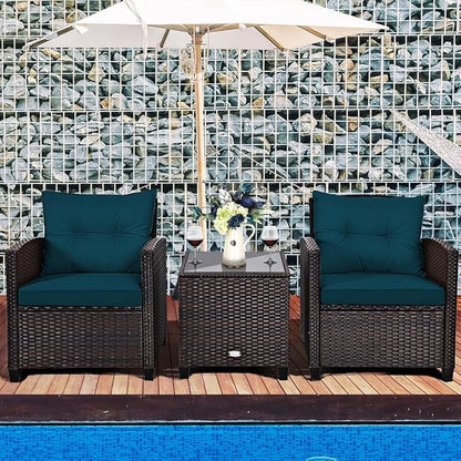 RELAX4LIFE 3 Piece Patio Furniture Set, Wicker Bistro Conversation Set w/2 Cushioned Armchairs & Glass Topped Table, Outdoor Rattan Sofa Set Patio Furniture for Porch Balcony Poolside (Peacock Blue)
