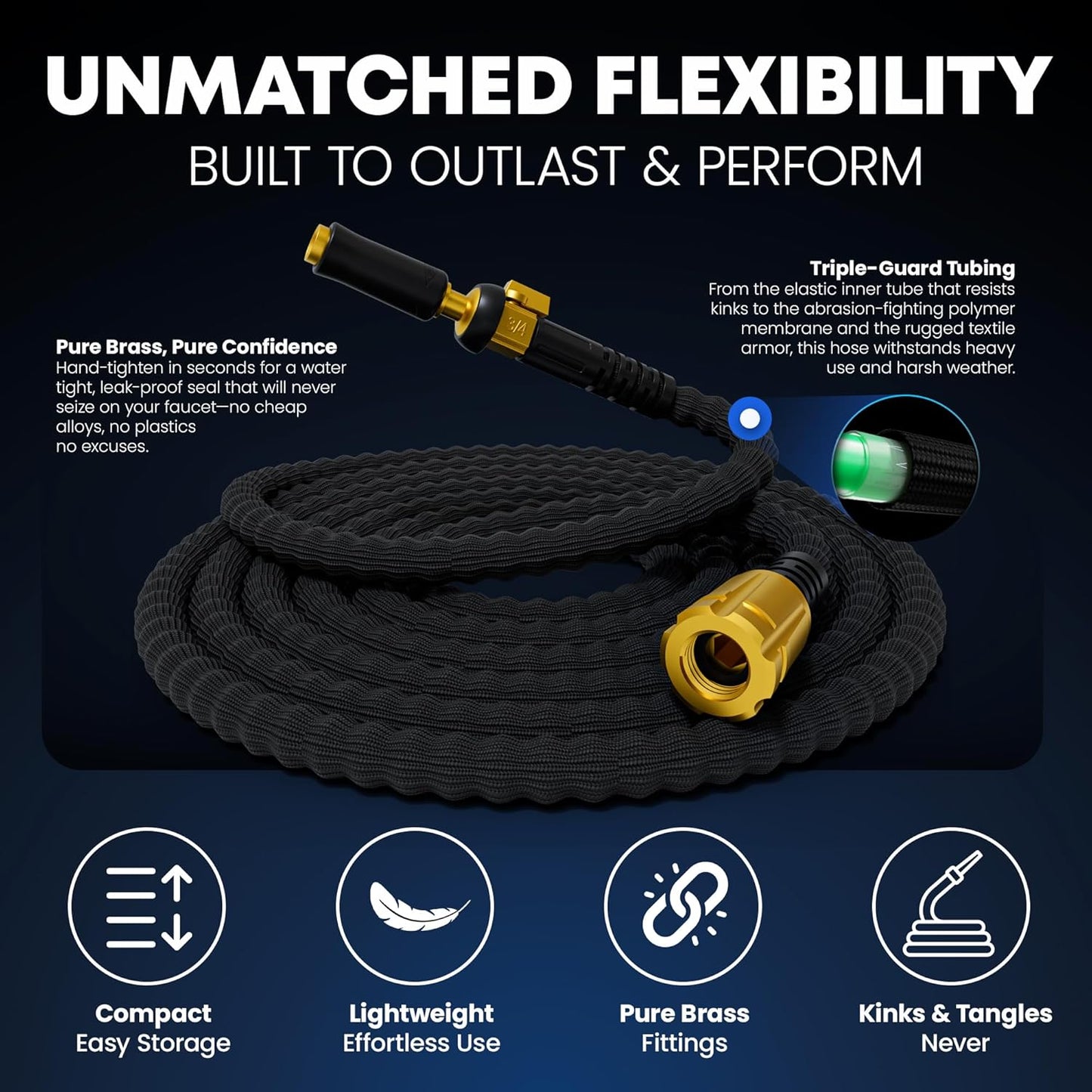 TITAN Flexible Garden Hose 100FT – Ultra Lightweight, Heavy Duty Water Hose with Brass Fittings & Jet Nozzle – Kink-Free, Non-Expanding, Durable Fabric Hose for Yard, Lawn, Car Wash, Outdoor Use