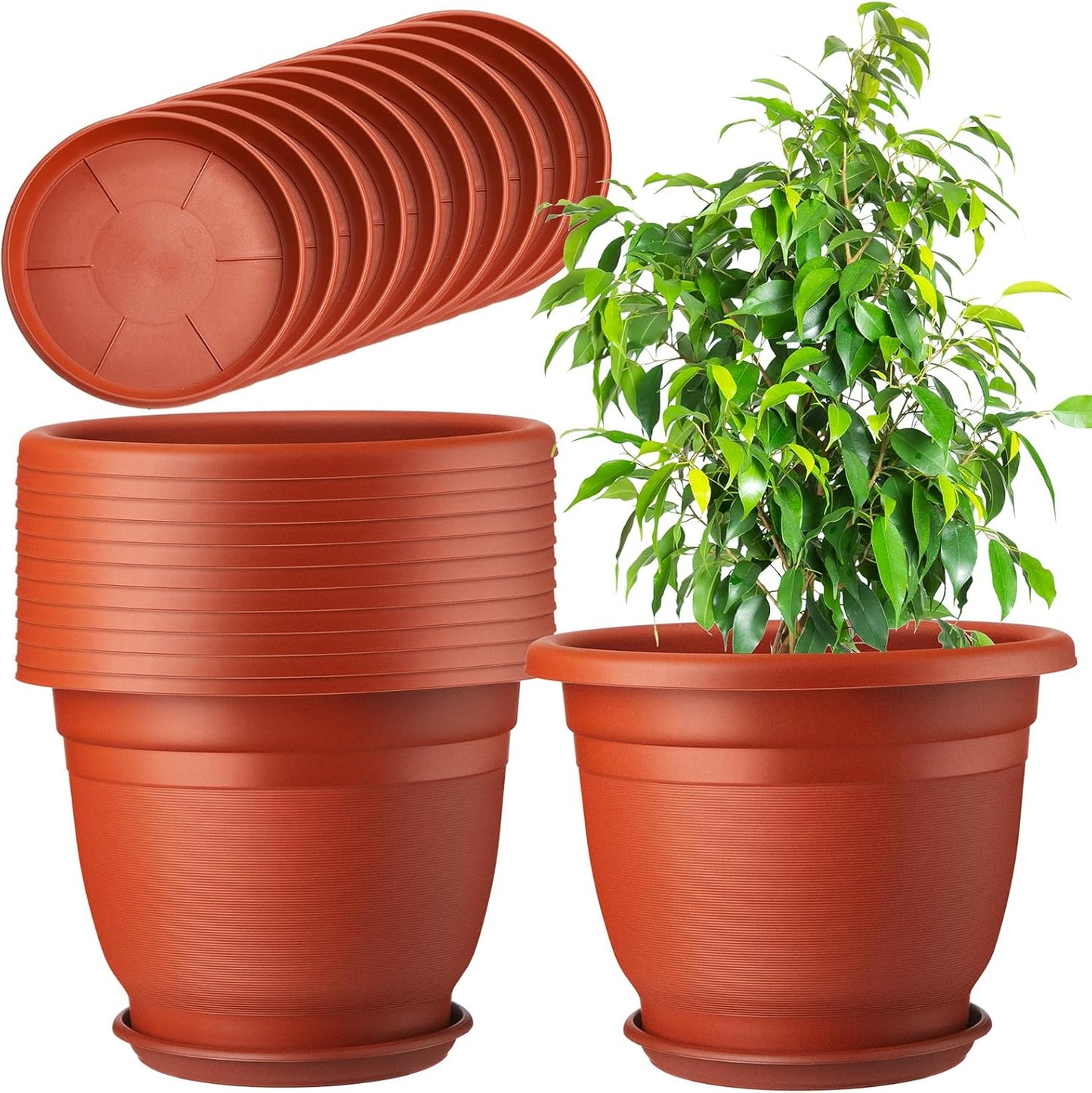 12 Pack 8+'' Plastic Plant Pots Round Planter Pots with Saucer Tray Seedling Pots with Holes Seed Resin Plant Pot Starting Nursery Flower Container with Pallet for Garden Outdoor Indoor