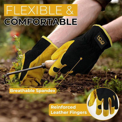 HANDLANDY Leather Work Gloves for Men & Women, Reinforced Durable Garden Gloves, Cowhide Working Glove for Gardening