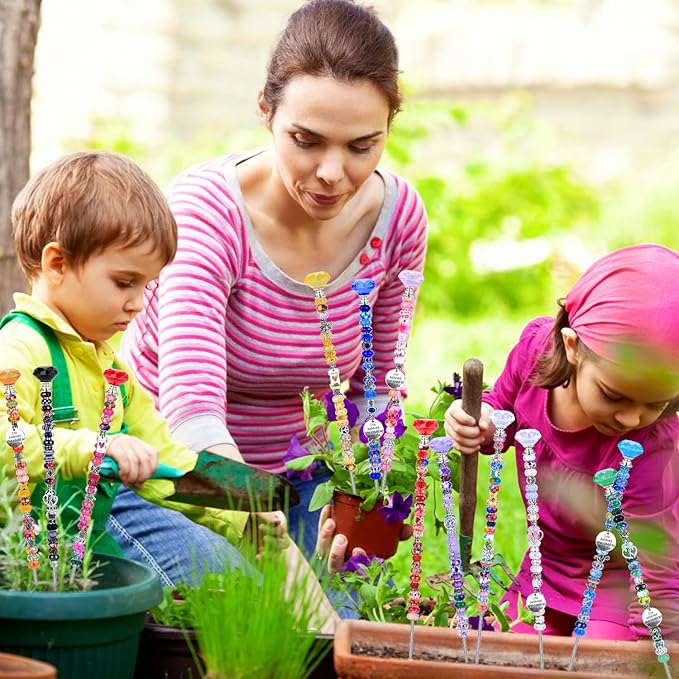 AIPRIDY 275 Pcs DIY Fairy Wand Garden Stakes Kit,Multiple Color Scheme European Beads Crystal Diamond Tops and 12 or 10 Inch Threaded Rods,Stainless Steel Stakes with Diamond Toppe(Rainbow)