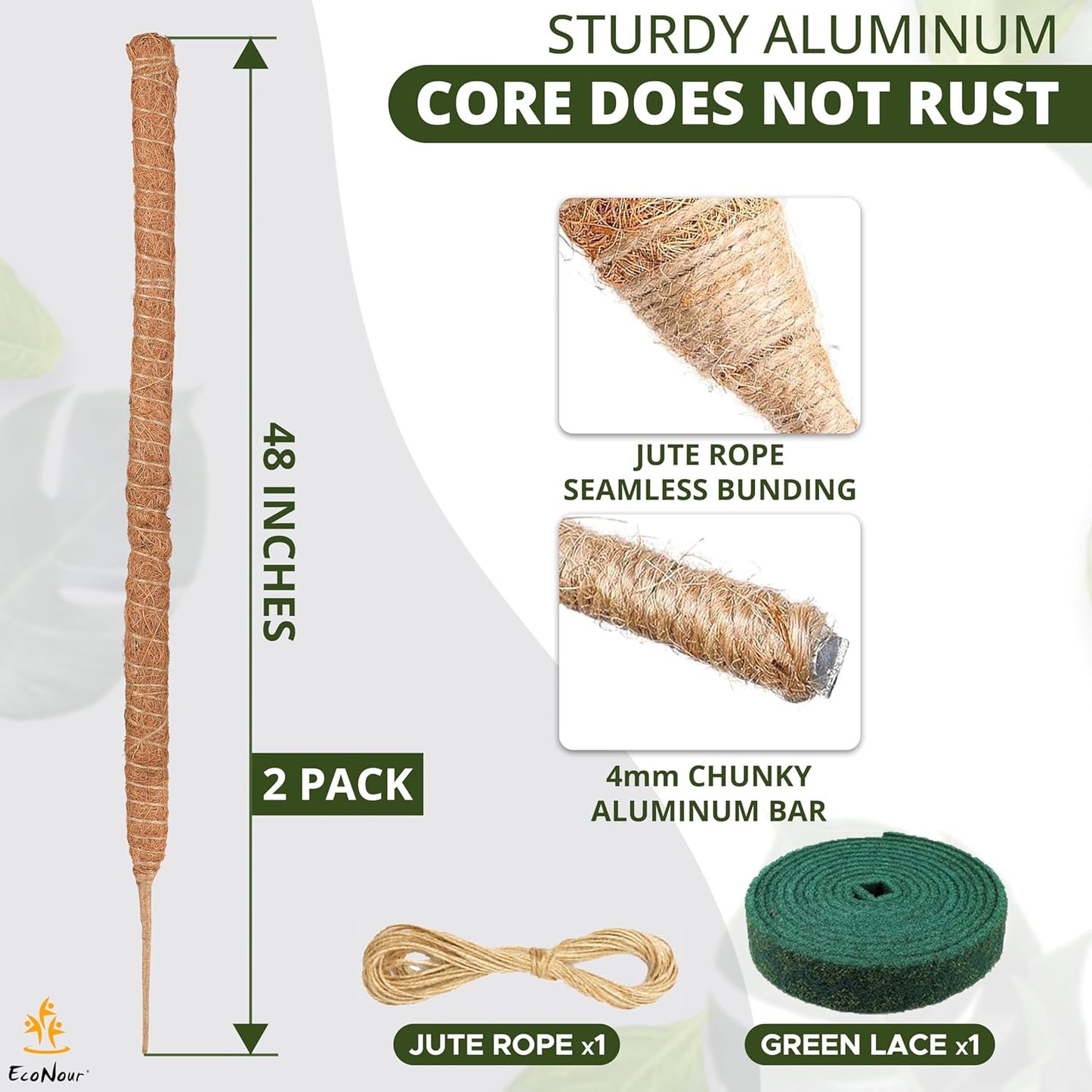 EcoNour Tall Moss Pole for Plants (2-Pack) 48-Inch | Large Monstera Plant Support for Climbing and Growth | Elevate Your Indoor Garden | Tall Plant Support for Indoor Potted Plants to Grow Upwards