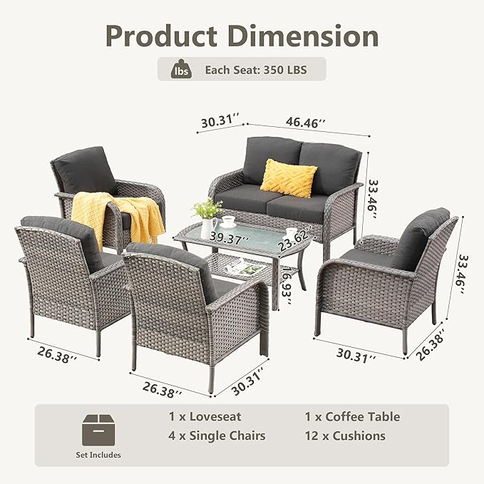 6-Piece Wicker Patio Furniture Set, All-Weather Rattan Conversation Bistro Loveseat Chair and Table Set for Backyard, Balcony and Deck with Soft Cushions and Metal Table(Black)