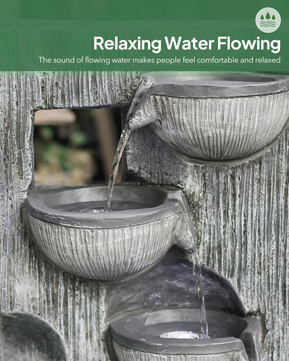 23.43" H Outdoor Water Fountain, 5 Tiers Bowls Garden Water Fountains with LED Light, Modern Natural Waterfall Fountain for Garden, Patio, Yard and Home Art Decor