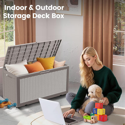 100 Gallon Storage Box, Waterproof Resin Deck Box with Hydraulic Piston Design, Lockable Storage Bench for Package Delivery, Storage Bin for Patio Cushions, Garden Tools, Grey