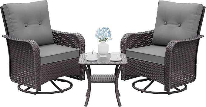 Gotland 3 Pieces Patio Set, Outdoor Swivel Chairs Set of 2 with 4'' Waterproof Cushions High Back Double-Layer Side Table, Wicker Rocking Patio Chairs Set of 2 for Balcony, Porch, Garden Gray