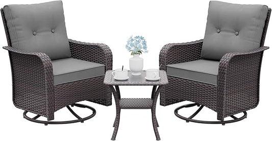 Gotland 3 Pieces Patio Set, Outdoor Swivel Chairs Set of 2 with 4'' Waterproof Cushions High Back Double-Layer Side Table, Wicker Rocking Patio Chairs Set of 2 for Balcony, Porch, Garden Gray