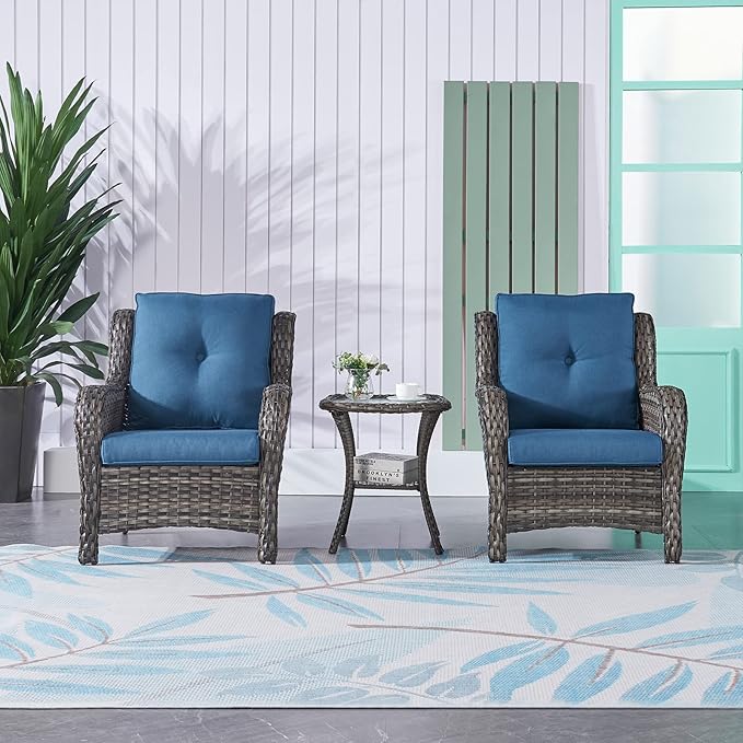 Rilyson Patio Bistro Set Wicker Chairs - 3 Piece Outdoor Rattan Conversation Set with 2 Armrest Chair and 1 Side Table for Proch Deck Garden Backyard Balcony(Mixed Grey/Blue)