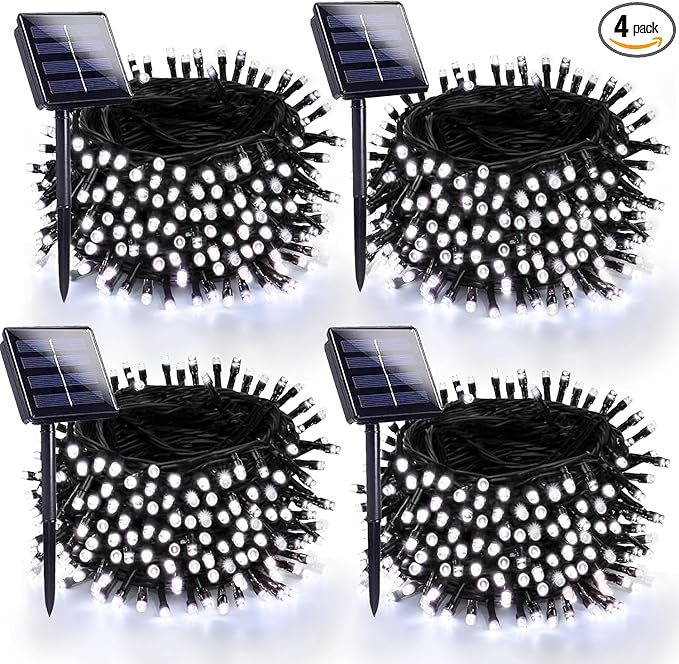 4 Pack 180FT Solar Christmas Lights Outdoor Waterproof, Super Bright 320 LED Solar String Lights with 8 Lighting Modes, Green Wire Twinkle Tree Light for Outside Xmas Party Decorations (Cool White)