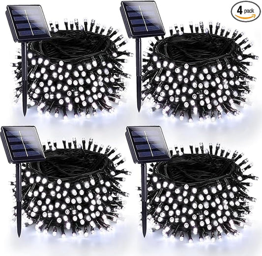 4 Pack 180FT Solar Christmas Lights Outdoor Waterproof, Super Bright 320 LED Solar String Lights with 8 Lighting Modes, Green Wire Twinkle Tree Light for Outside Xmas Party Decorations (Cool White)