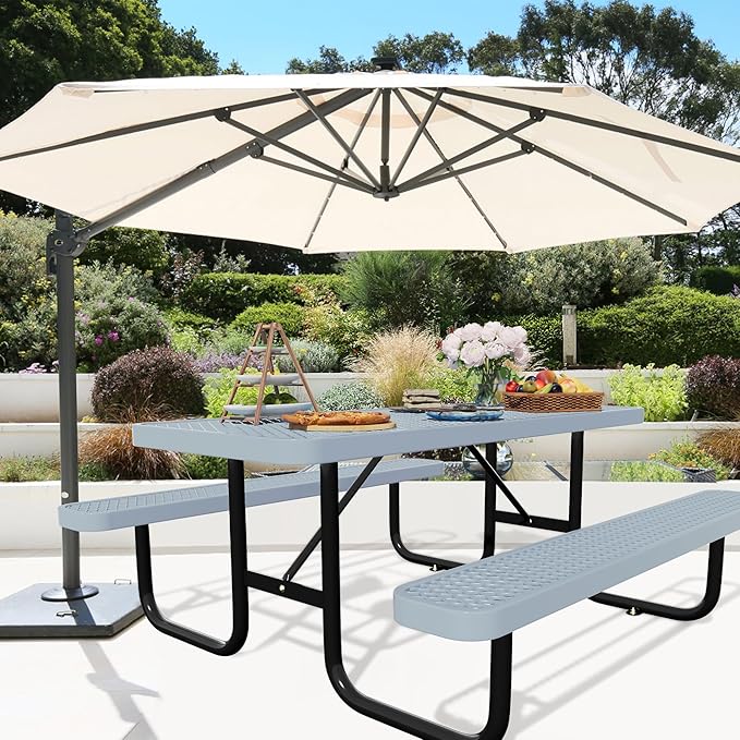 72'' Rectangular Steel Picnic Table for Outdoors,Commercial Metal Picnic Table Bench Set with Umbrella Hole,School Canteen Table W/Seats - Heavy Duty Sturdy Picnic Tables Furniture for Patio Garden